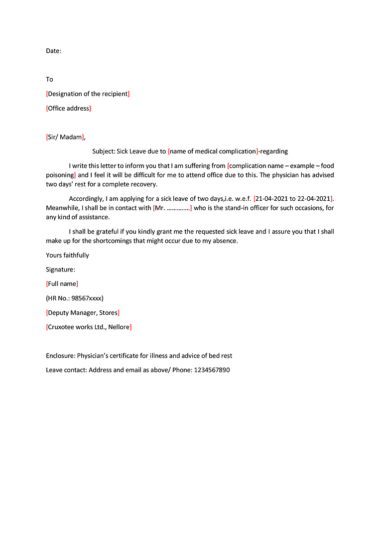 formal letter format for sick leave request